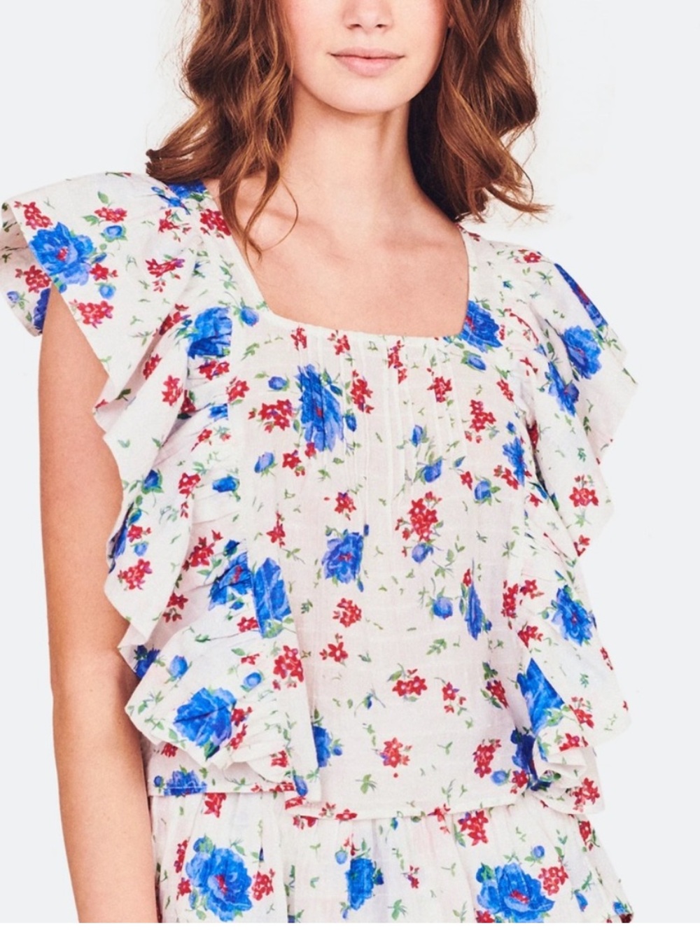 LoveShackFancy Lavinia Voila Floral Flutter Sleeve Cotton Top Small Red Blue EUC